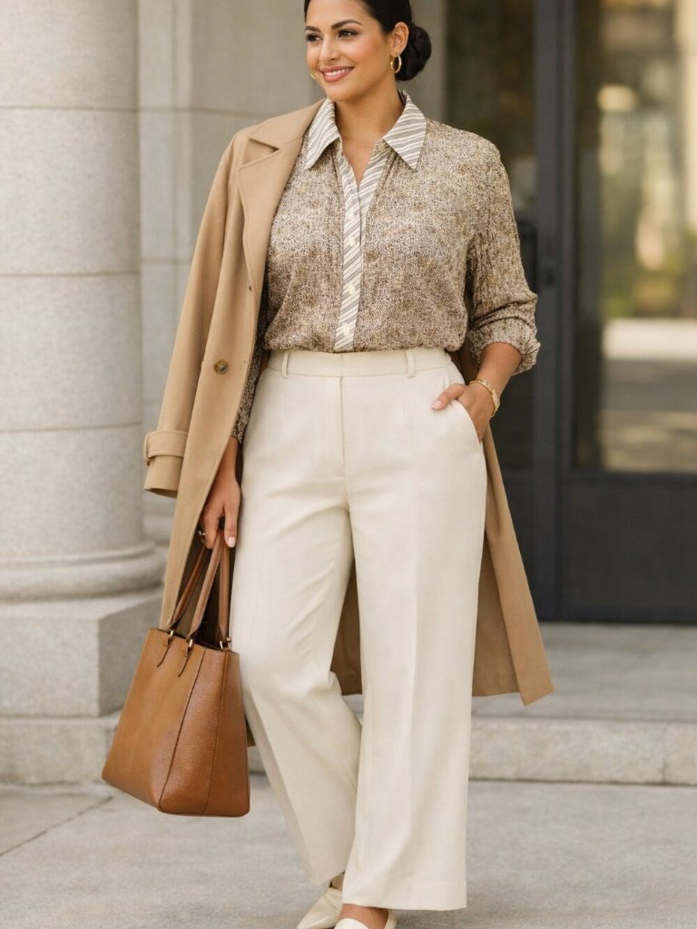 Lane Bryant Long Sleeve Lightweight Pleated Button Down Blouse Mocha Size 18/20